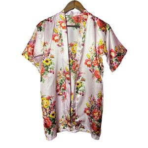 Unbranded Women Size 10 Pink Floral Satin Kimono Robe Short Sleeve Thrashed